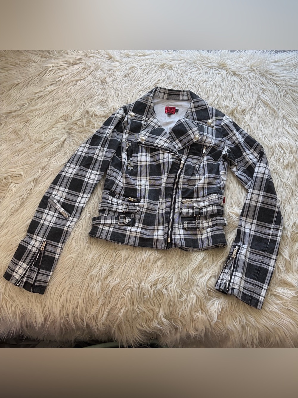 Tripp NYC Plaid Moto Cropped Jacket Buckles Zippers Black White Women’s Size S